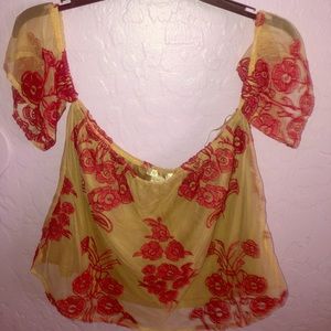 Tan & red flower blouse